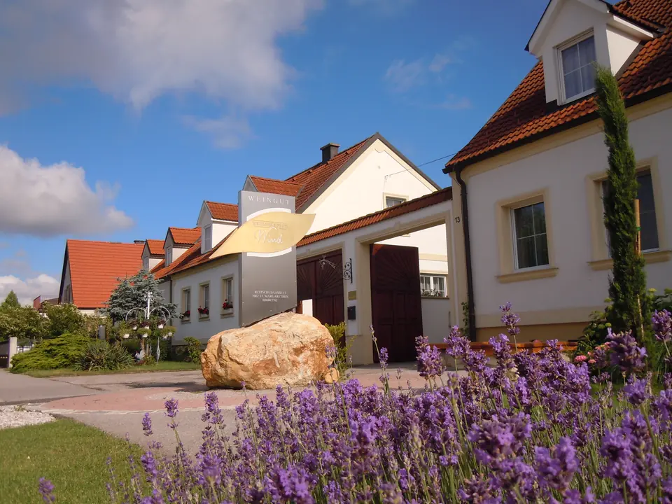 Das Weingut Wind mit Lavendel vor dem Haus